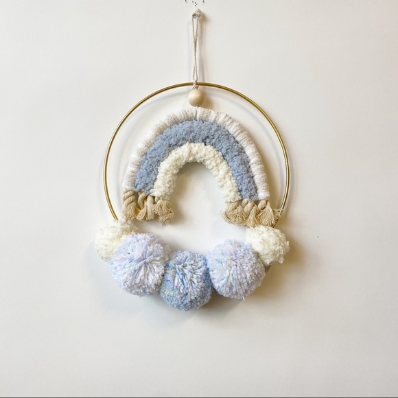 Rainbow Pom Pom Baby Nursery Wreath Blue Handmade - Picture 2 of 4